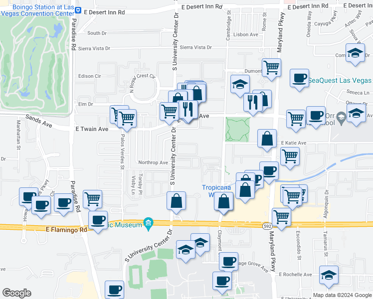map of restaurants, bars, coffee shops, grocery stores, and more near 3830 South University Center Drive in Las Vegas