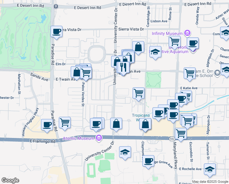 map of restaurants, bars, coffee shops, grocery stores, and more near 3830 South University Center Drive in Las Vegas