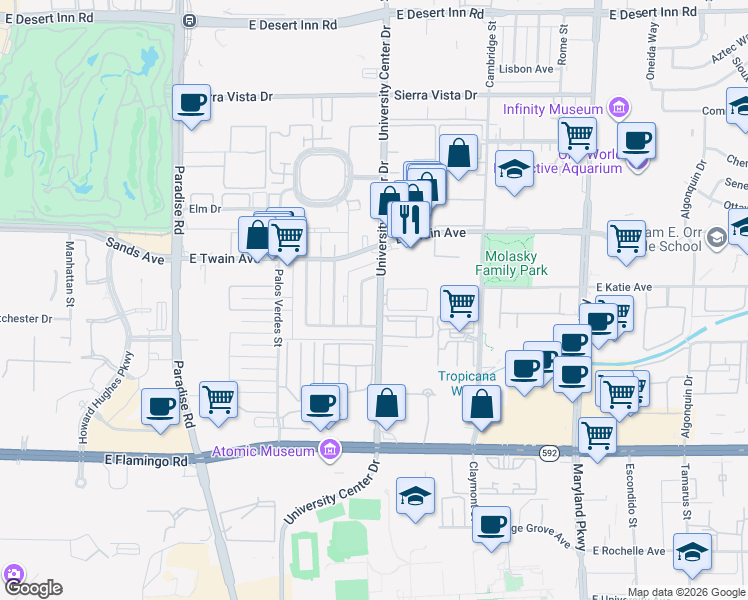 map of restaurants, bars, coffee shops, grocery stores, and more near 3830 South University Center Drive in Las Vegas