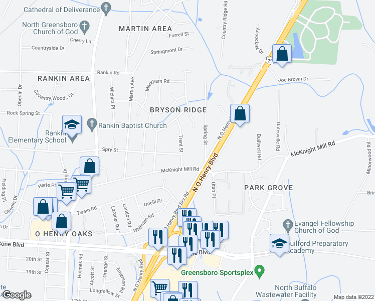 map of restaurants, bars, coffee shops, grocery stores, and more near 3214 Trent Street in Greensboro