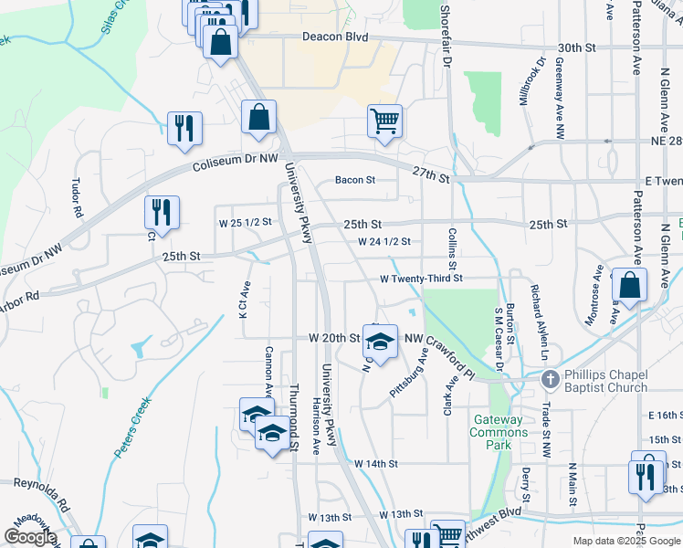 map of restaurants, bars, coffee shops, grocery stores, and more near 603 West 23rd Street in Winston-Salem