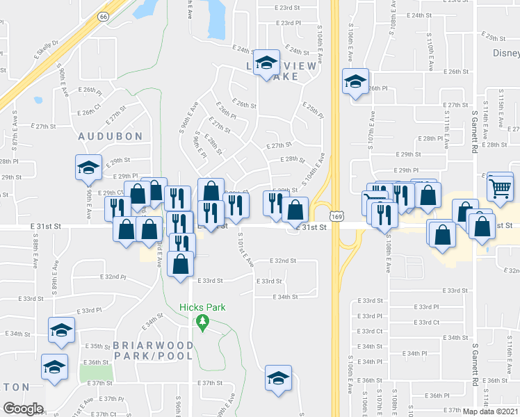 map of restaurants, bars, coffee shops, grocery stores, and more near 3016 South 101st East Avenue in Tulsa
