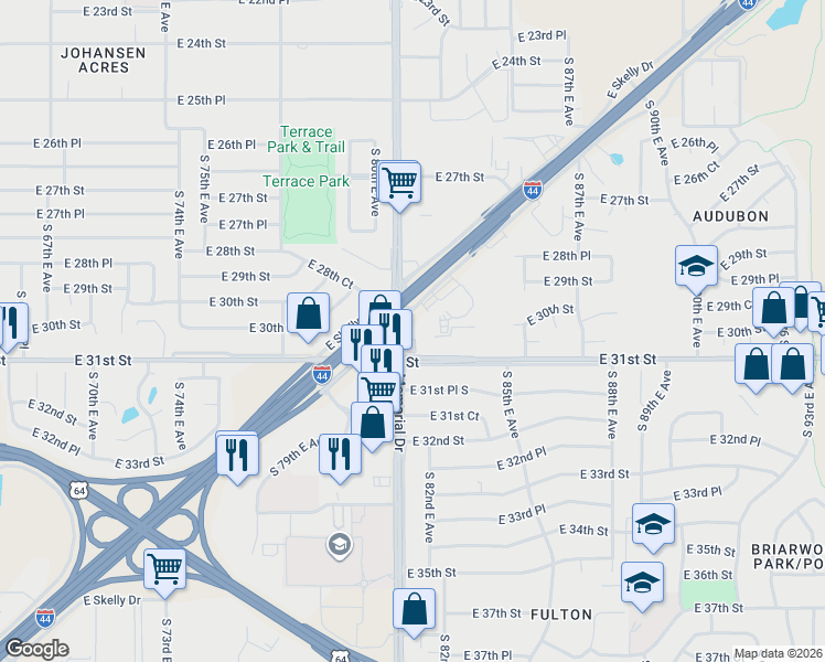 map of restaurants, bars, coffee shops, grocery stores, and more near 3001 South Memorial Drive in Tulsa