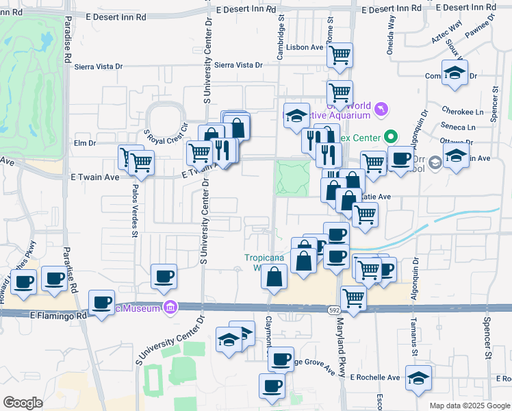 map of restaurants, bars, coffee shops, grocery stores, and more near 3825 South Cambridge Street in Las Vegas