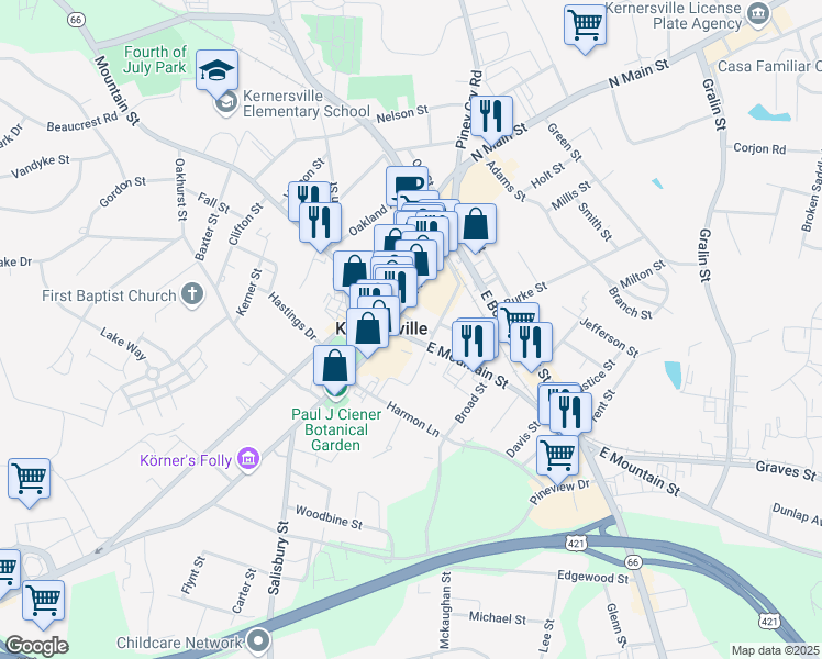 map of restaurants, bars, coffee shops, grocery stores, and more near 109 East Mountain Street in Kernersville