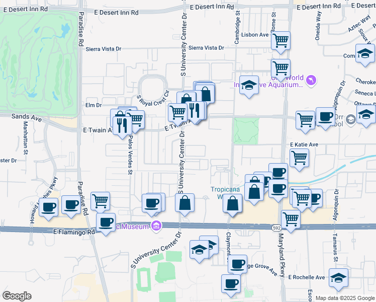 map of restaurants, bars, coffee shops, grocery stores, and more near 3830 South University Center Drive in Las Vegas