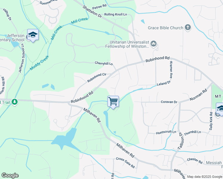 map of restaurants, bars, coffee shops, grocery stores, and more near 2719 Cottage Hill Lane in Winston-Salem