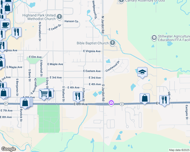 map of restaurants, bars, coffee shops, grocery stores, and more near 1918 East 3rd Avenue in Stillwater