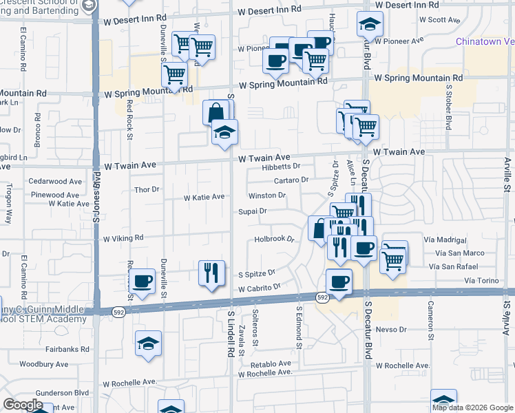 map of restaurants, bars, coffee shops, grocery stores, and more near 5408 Supai Drive in Las Vegas