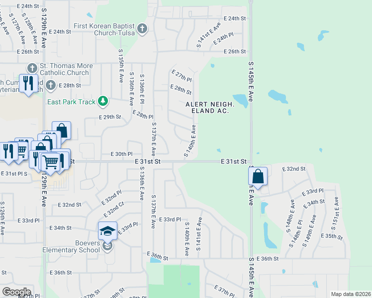 map of restaurants, bars, coffee shops, grocery stores, and more near 13806 East 30th Street in Tulsa