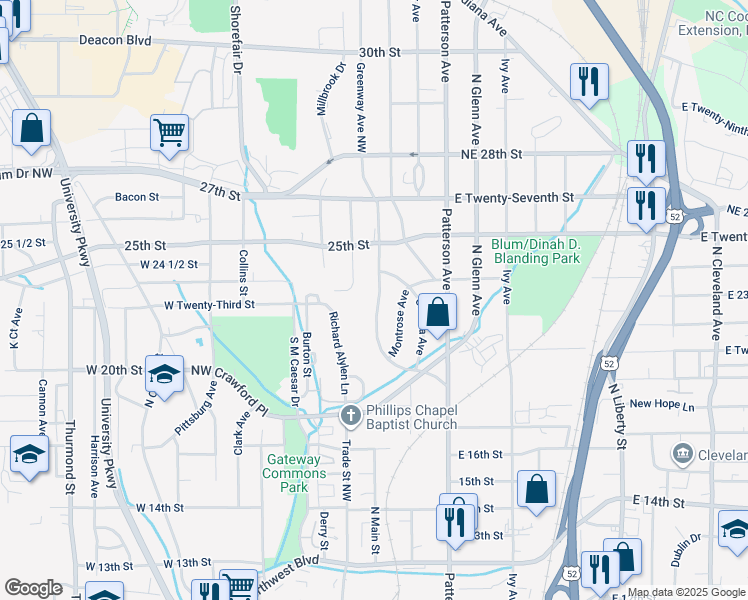 map of restaurants, bars, coffee shops, grocery stores, and more near 2372 Greenway Avenue Northwest in Winston-Salem