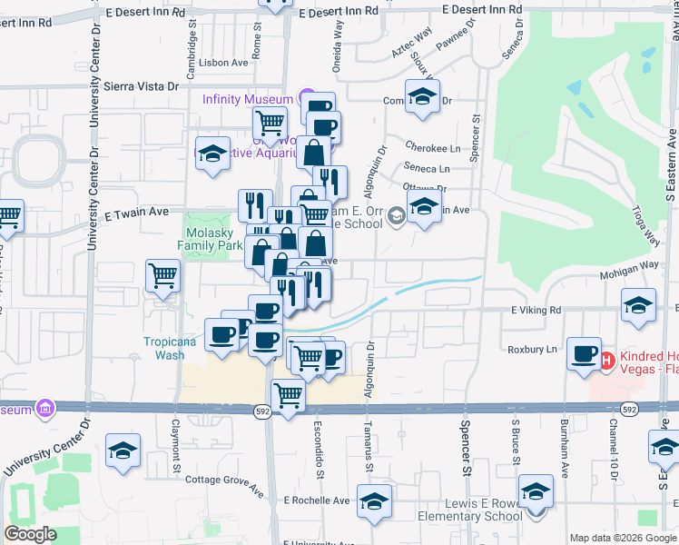 map of restaurants, bars, coffee shops, grocery stores, and more near 1455 East Katie Avenue in Las Vegas