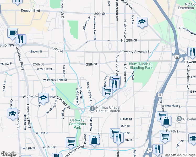 map of restaurants, bars, coffee shops, grocery stores, and more near 2372 Greenway Avenue Northwest in Winston-Salem