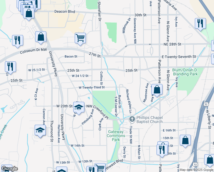 map of restaurants, bars, coffee shops, grocery stores, and more near 229 West Twenty-Third Street in Winston-Salem