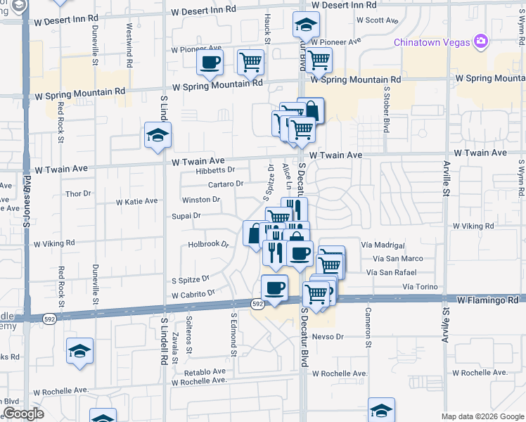 map of restaurants, bars, coffee shops, grocery stores, and more near 3826 South Spitze Drive in Las Vegas