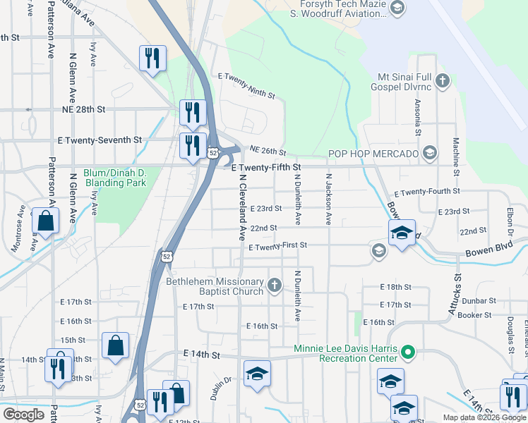 map of restaurants, bars, coffee shops, grocery stores, and more near 1226 23rd Street Northeast in Winston-Salem