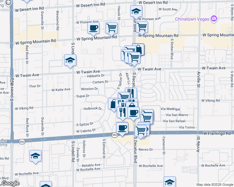 map of restaurants, bars, coffee shops, grocery stores, and more near 3826 South Spitze Drive in Las Vegas