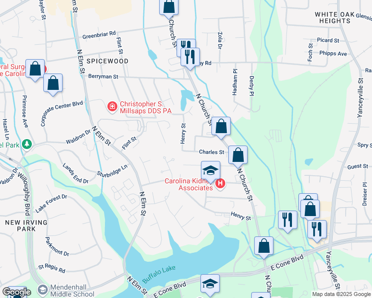 map of restaurants, bars, coffee shops, grocery stores, and more near 3104 Henry Street in Greensboro
