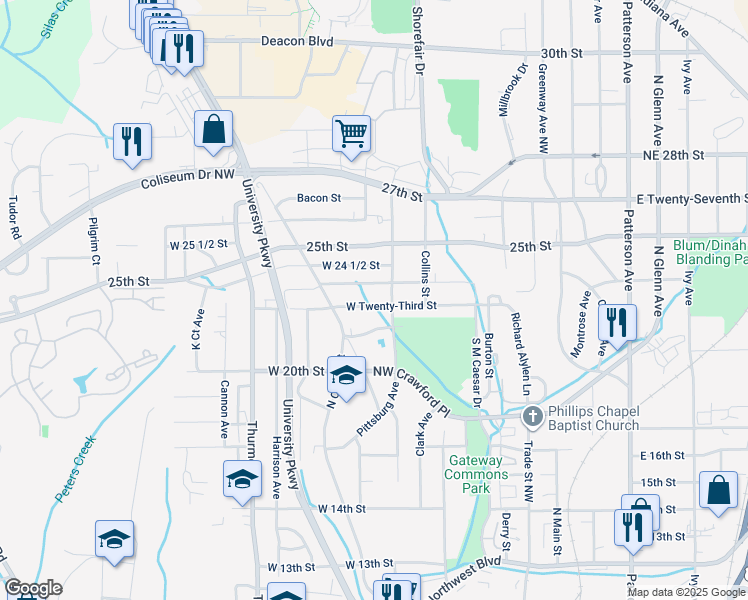 map of restaurants, bars, coffee shops, grocery stores, and more near 415 West 23rd Street in Winston-Salem