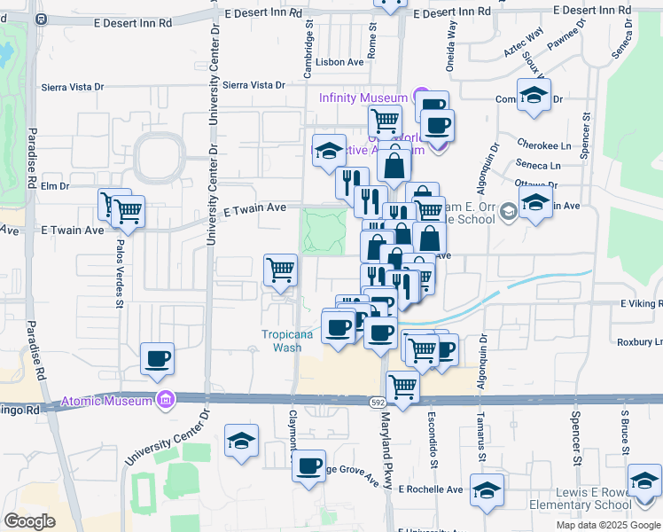 map of restaurants, bars, coffee shops, grocery stores, and more near 3823 South Maryland Parkway in Las Vegas
