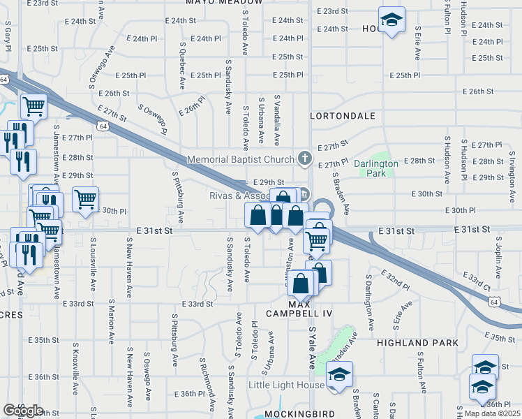 map of restaurants, bars, coffee shops, grocery stores, and more near 4519 East 31st Street in Tulsa