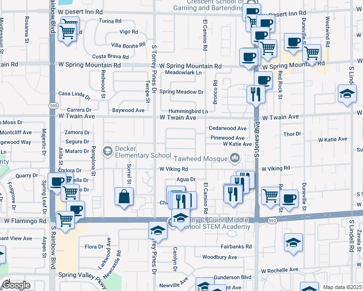 map of restaurants, bars, coffee shops, grocery stores, and more near 6396 Whippoorwill Way in Las Vegas