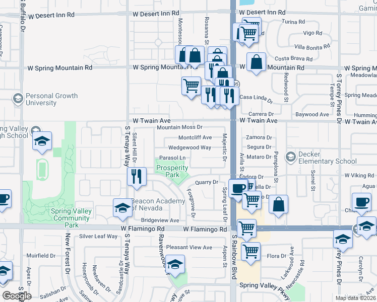 map of restaurants, bars, coffee shops, grocery stores, and more near 7071 Wedgewood Way in Las Vegas