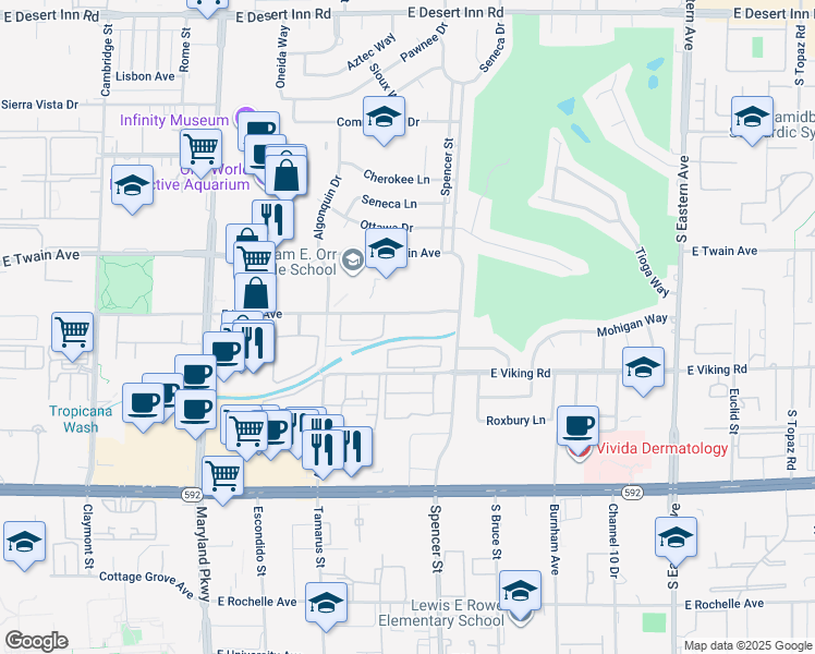map of restaurants, bars, coffee shops, grocery stores, and more near 1701 East Katie Avenue in Las Vegas
