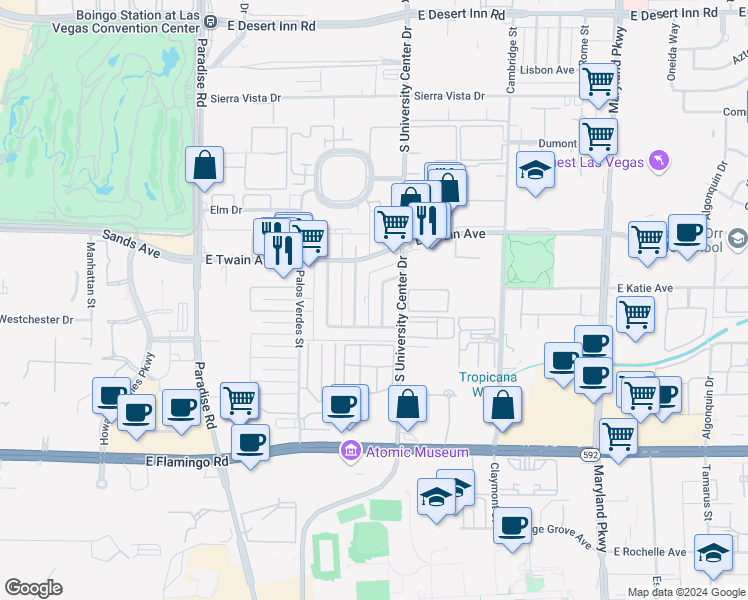 map of restaurants, bars, coffee shops, grocery stores, and more near 3821 Daisy Street in Las Vegas