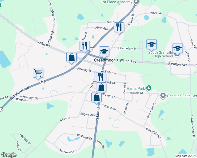 map of restaurants, bars, coffee shops, grocery stores, and more near 408 South Elm Street in Creedmoor