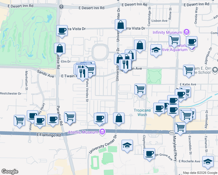 map of restaurants, bars, coffee shops, grocery stores, and more near 3811 Daisy Street in Las Vegas