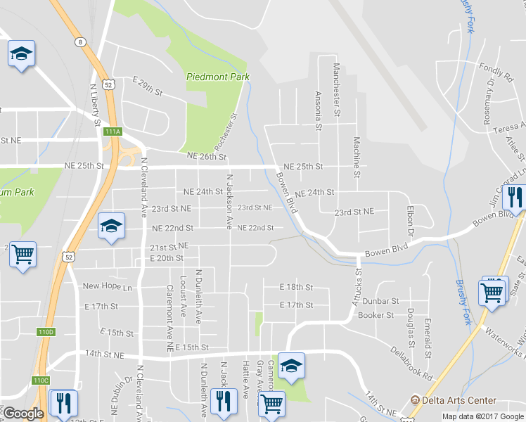 map of restaurants, bars, coffee shops, grocery stores, and more near 1640 23rd Street Northeast in Winston-Salem