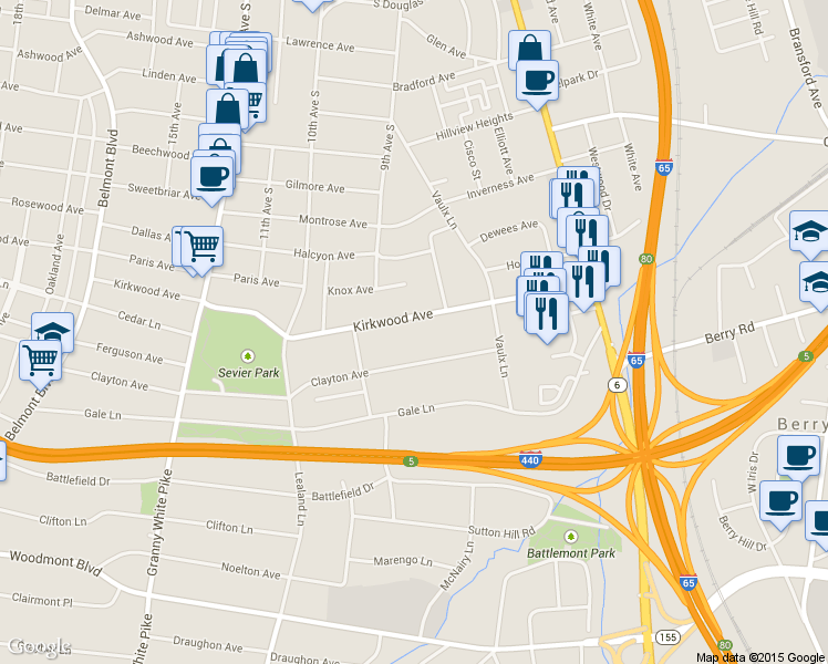 map of restaurants, bars, coffee shops, grocery stores, and more near 831 Kirkwood Ave in Nashville