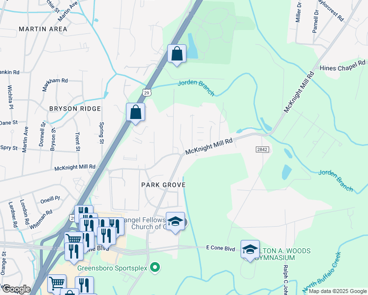 map of restaurants, bars, coffee shops, grocery stores, and more near 3818 Rockwood Manor in Greensboro