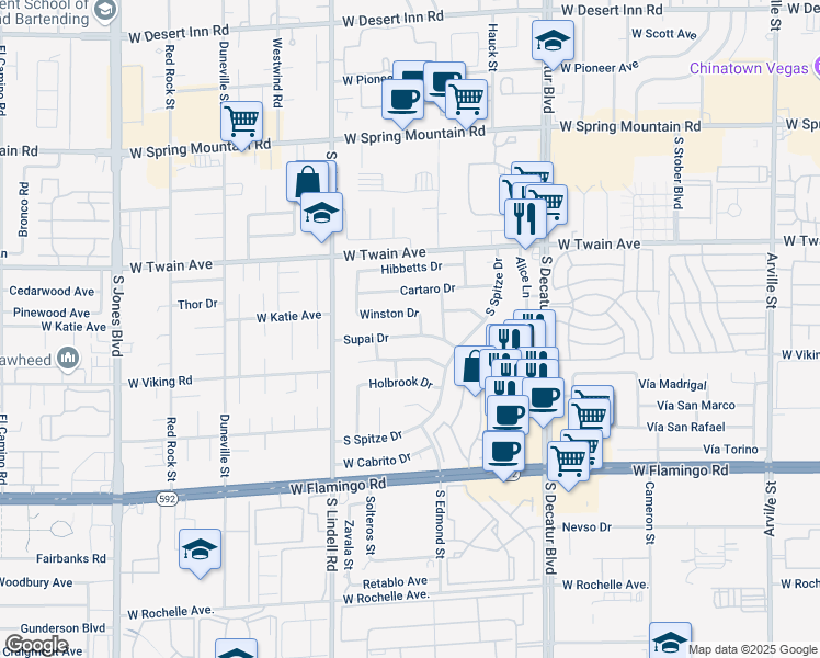 map of restaurants, bars, coffee shops, grocery stores, and more near 5294 Supai Drive in Las Vegas