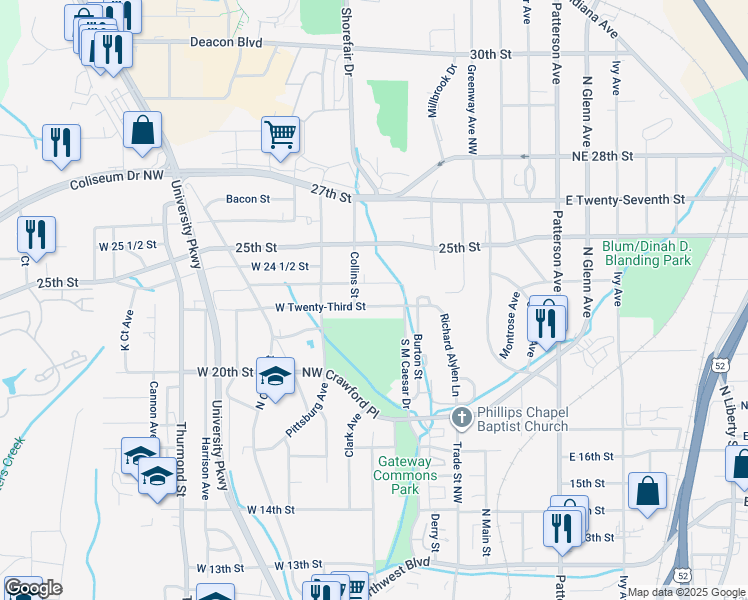 map of restaurants, bars, coffee shops, grocery stores, and more near 229 West Twenty-Third Street in Winston-Salem