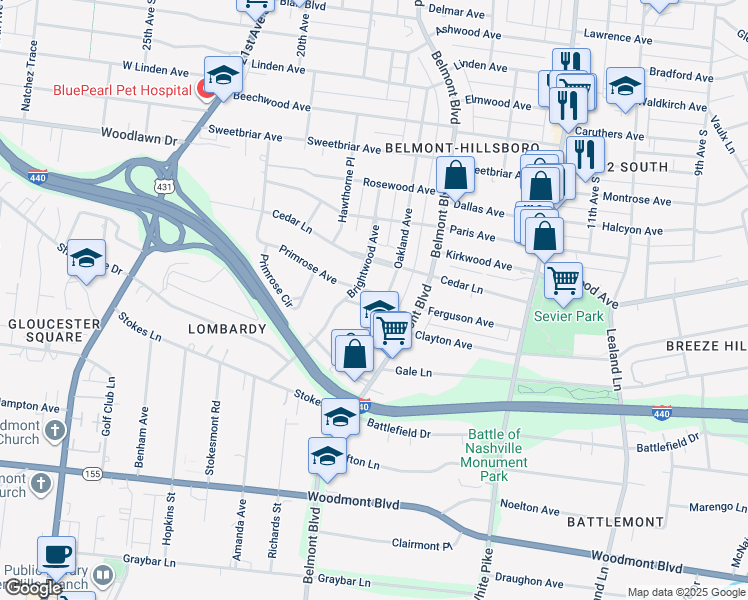 map of restaurants, bars, coffee shops, grocery stores, and more near 1703 Primrose Avenue in Nashville