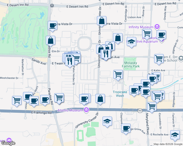 map of restaurants, bars, coffee shops, grocery stores, and more near 3821 Daisy Street in Las Vegas