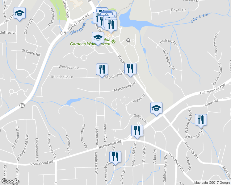 map of restaurants, bars, coffee shops, grocery stores, and more near 910 Marguerite Drive in Winston-Salem