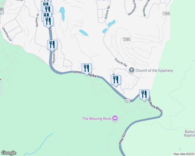 map of restaurants, bars, coffee shops, grocery stores, and more near 175 Cliff Lane in Blowing Rock