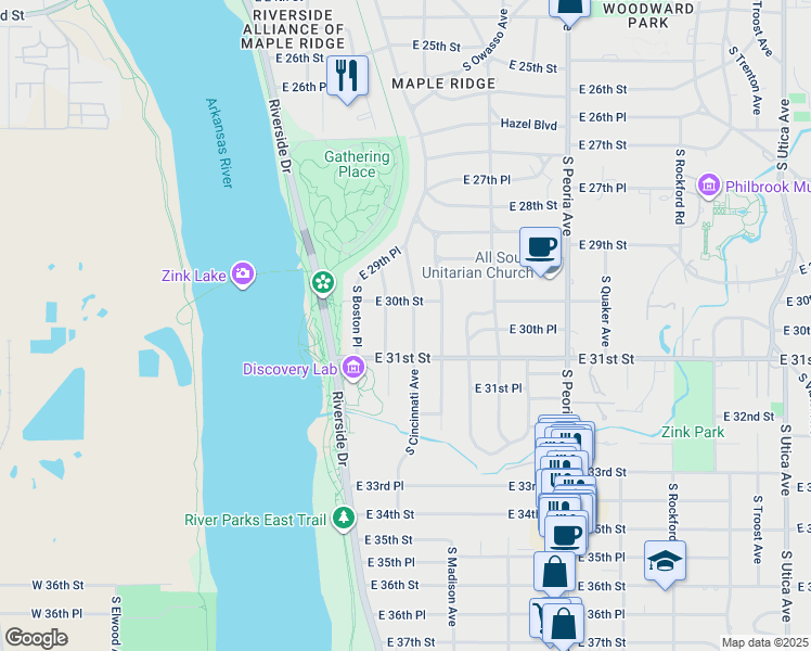 map of restaurants, bars, coffee shops, grocery stores, and more near 3022 South Cincinnati Avenue in Tulsa