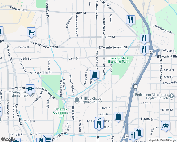 map of restaurants, bars, coffee shops, grocery stores, and more near 2366 Montrose Avenue in Winston-Salem