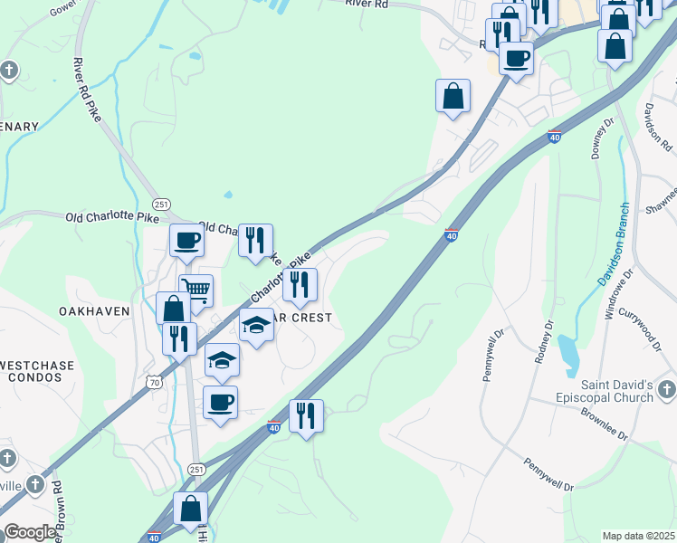 map of restaurants, bars, coffee shops, grocery stores, and more near 7277 Charlotte Pike in Nashville
