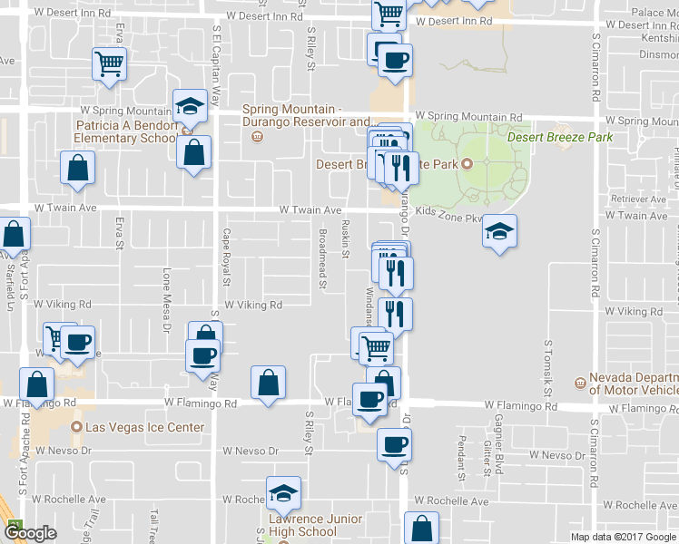 map of restaurants, bars, coffee shops, grocery stores, and more near 3824 Broadmead Street in Las Vegas