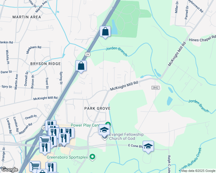 map of restaurants, bars, coffee shops, grocery stores, and more near 3818 Rockwood Manor in Greensboro