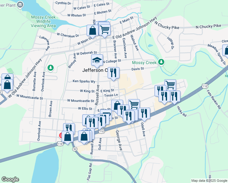map of restaurants, bars, coffee shops, grocery stores, and more near 805 East King Street in Jefferson City