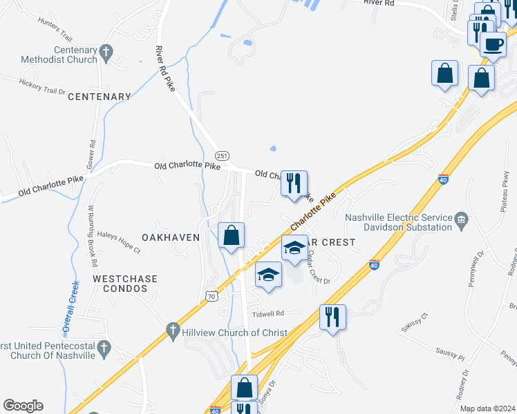 map of restaurants, bars, coffee shops, grocery stores, and more near 730 Old Hickory Boulevard in Nashville