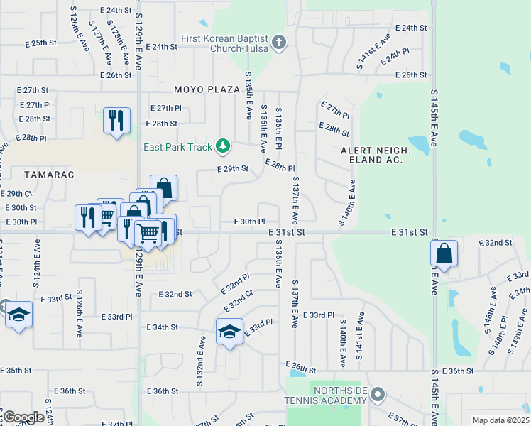map of restaurants, bars, coffee shops, grocery stores, and more near 13512A East 30th Street in Tulsa