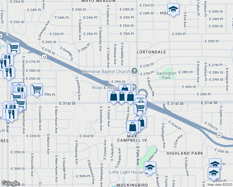 map of restaurants, bars, coffee shops, grocery stores, and more near 4523 East 31st Street in Tulsa