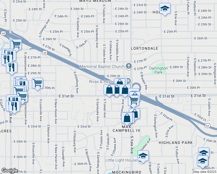 map of restaurants, bars, coffee shops, grocery stores, and more near 4455 East 31st Street in Tulsa